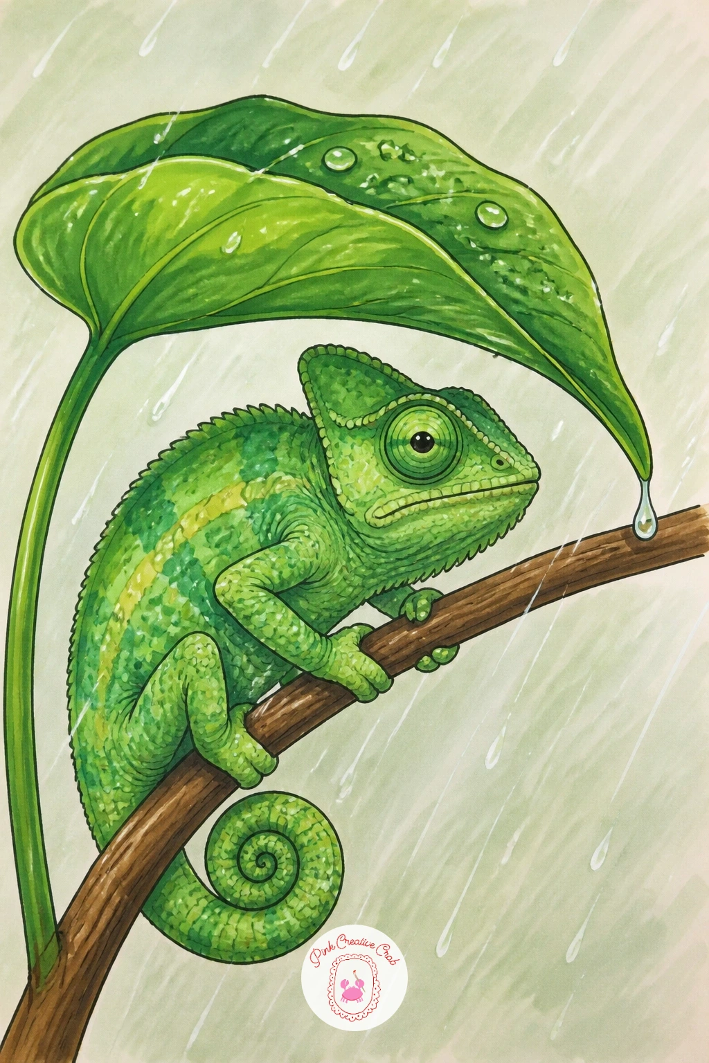 Chameleon in the Rain Under a Leaf — Shift the mood here to something quieter: a chameleon sheltering under a large leaf while thin rain lines fall around it.
