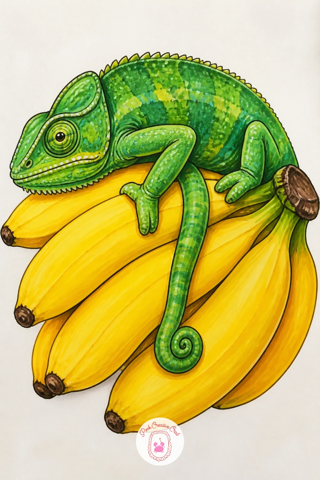 Chameleon on a Bunch of Bananas — Set the lizard somewhere unexpectedly bright: draped over a bunch of ripe bananas, its green body curving against the yellow
