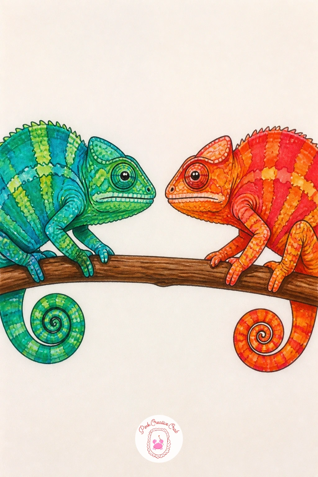 Two Chameleons Face to Face — For a bit of character, draw two chameleons meeting on the same branch, noses nearly touching, each one a different color to tell