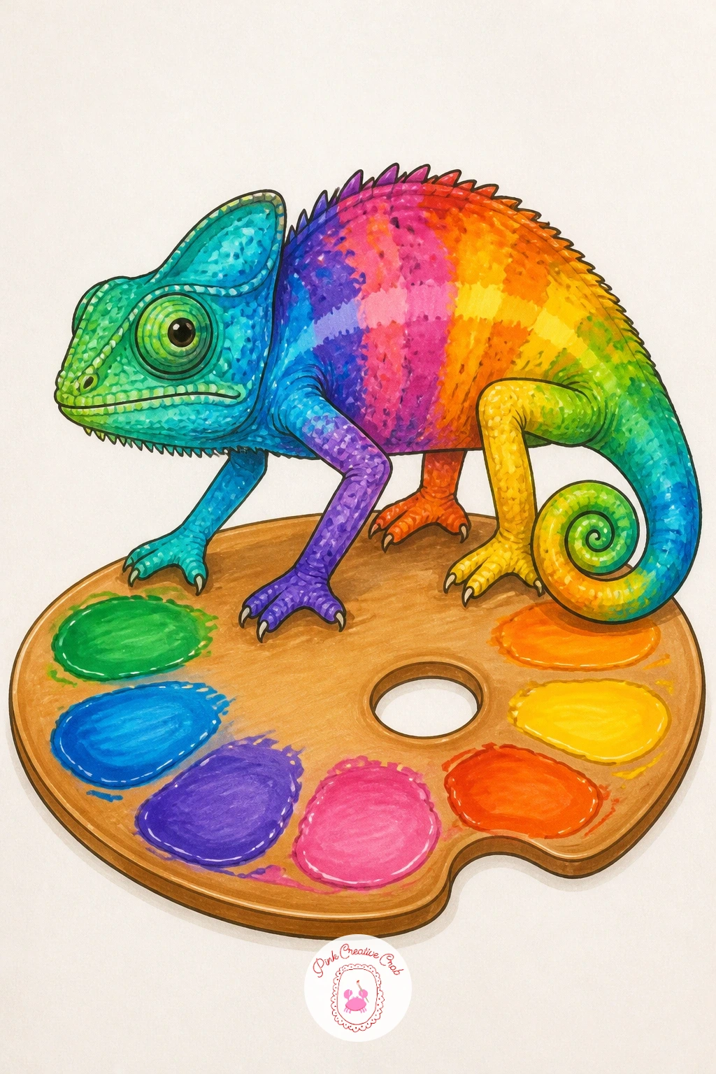 Chameleon on a Paint Palette Changing Colors — Give this one a wink at the whole exercise: a chameleon standing on an artist's paint palette, its body splashed