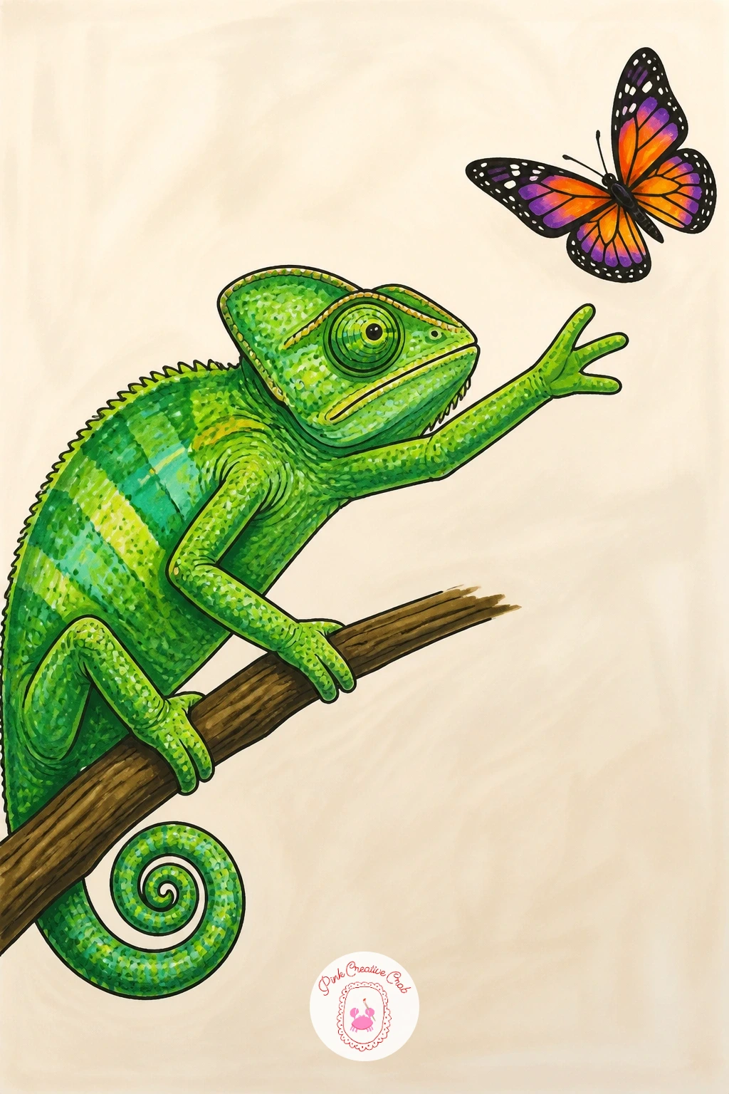 Chameleon Reaching for a Butterfly — Build some motion into this one: a chameleon stretching one front leg up toward a butterfly hovering just out of reach.