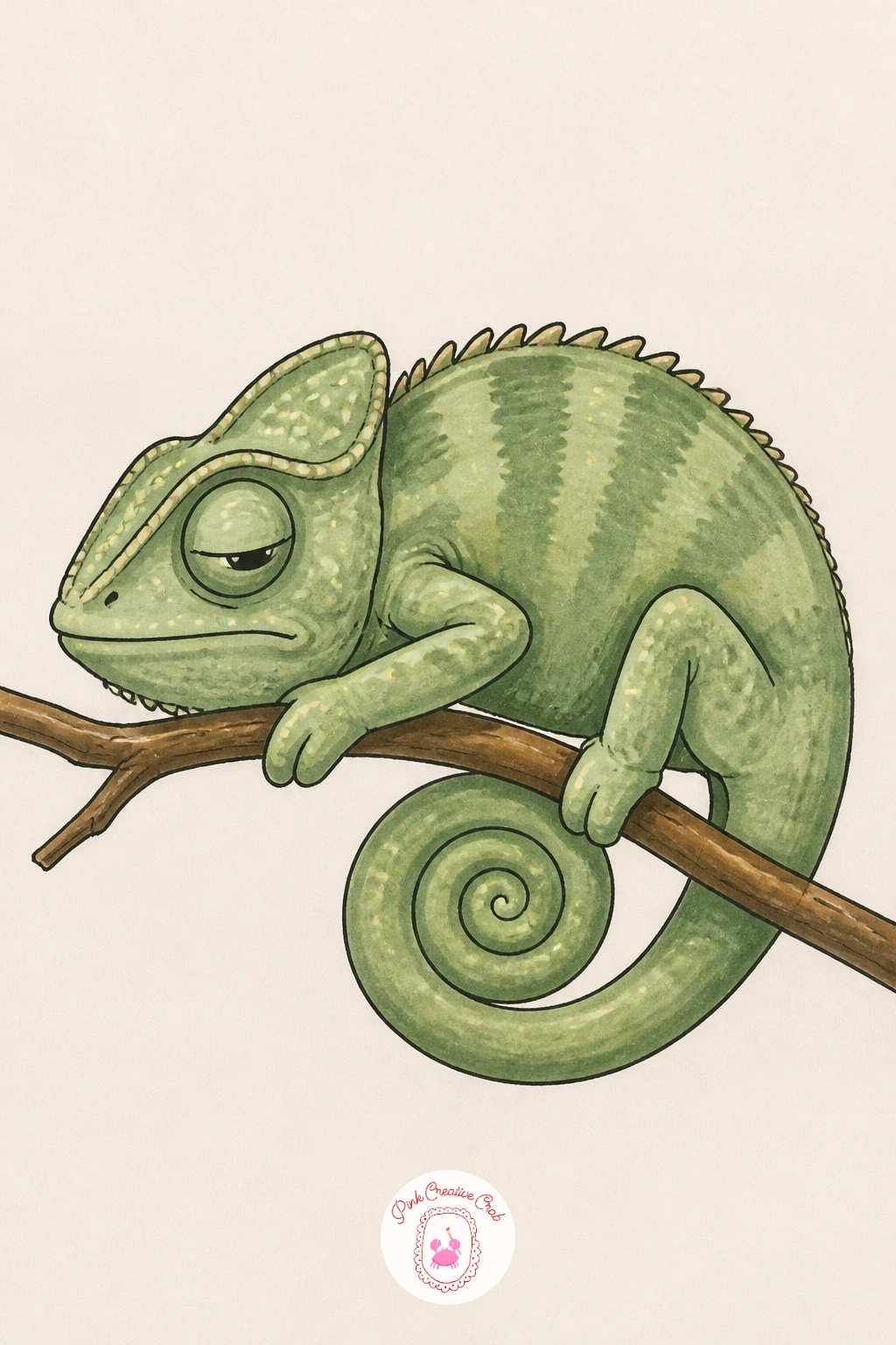 Sleepy Chameleon on a Twig — Slow things right down with a sleepy chameleon, eyes half closed, body slack and settled on a thin twig. Chameleon drawing