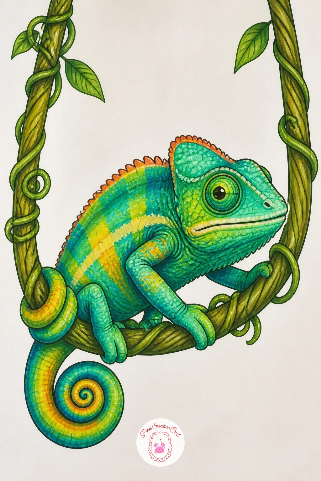Chameleon on a Swing Made of Vine — Add some whimsy with a chameleon perched on a small vine swing, the kind looped between two unseen branches. Chameleon