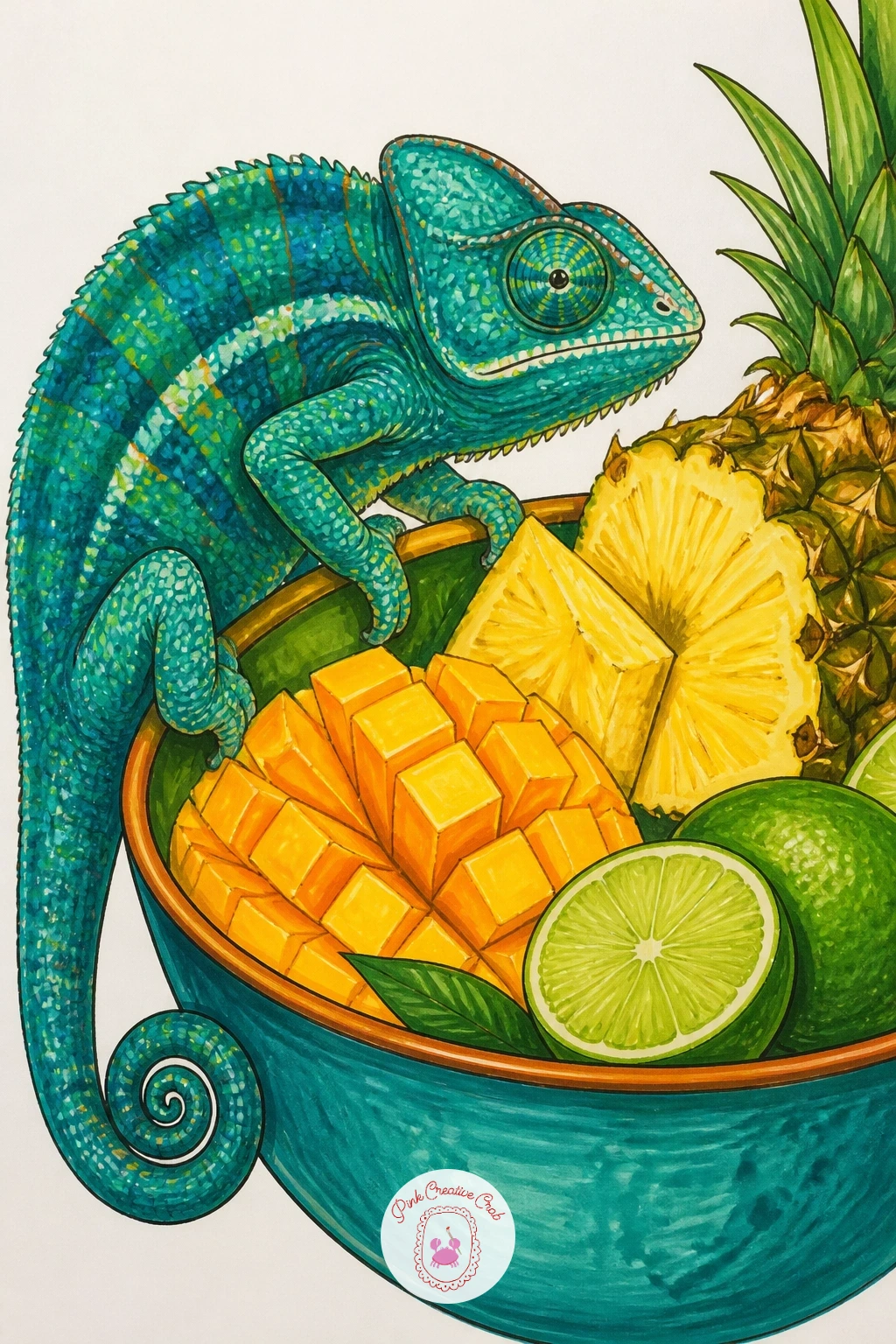 Chameleon on a Tropical Fruit Bowl — Expand the banana idea into a fuller still life: a chameleon perched on the rim of a bowl piled with mixed tropical fruit