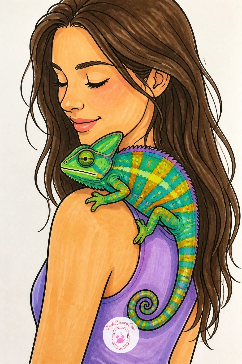 Chameleon on a Girl's Shoulder — Bring a person into the scene with a chameleon perched calmly on a girl's shoulder, tail curling down her arm. Chameleon