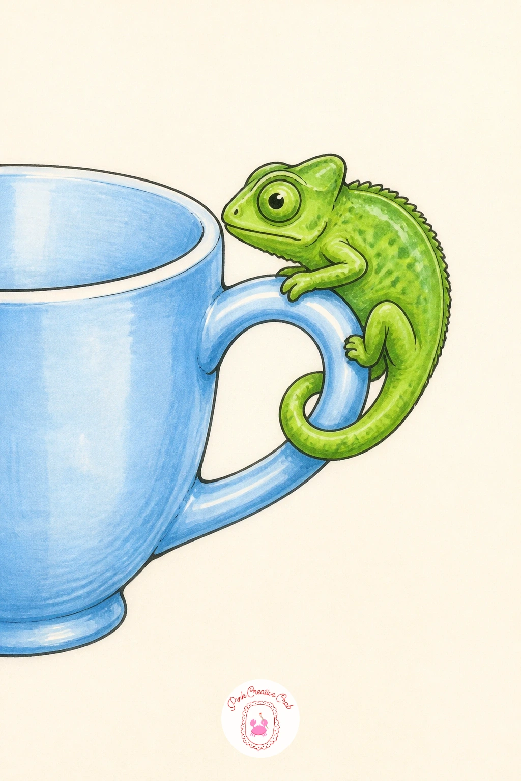 Chameleon on a Teacup Handle — Shrink the scale again with a chameleon perched delicately on the handle of a teacup, tail curled through the loop. Chameleon