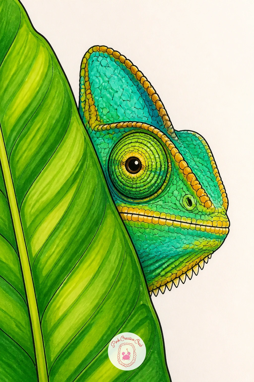 Chameleon Peeking From Behind a Leaf — Play a little hide and seek: a chameleon with just its head and one curious eye peeking out from behind a large leaf
