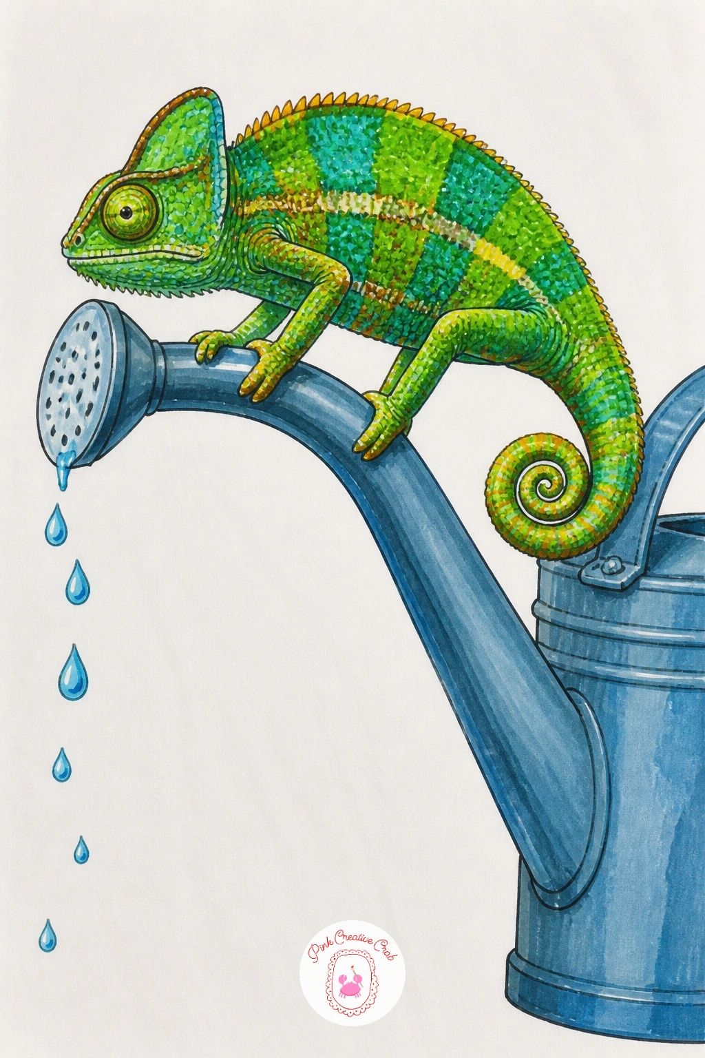 Chameleon on a Watering Can Spout — Put the lizard back in a garden setting, balanced along the long spout of a watering can as if about to get a surprise