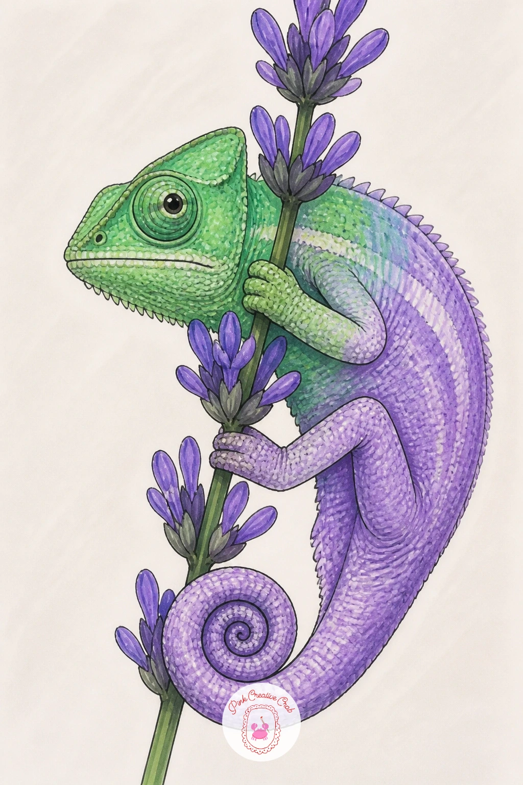 Chameleon Turning Lilac on a Lavender Stem — Close the set on a soft note: a chameleon mid color change, shifting from green toward a gentle lilac to match the