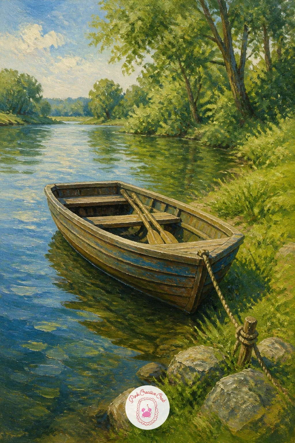 Rowing Boat Tied at the Bank — Following on from the bridge, a rowing boat tied at a river bank gives you a smaller, friendlier focal point for an afternoon