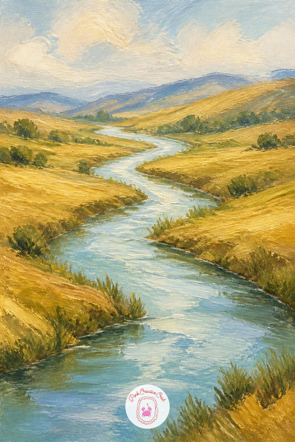 River Winding Through Golden Fields — Scale changes here: a river winding through golden fields asks you to think about the whole land before you touch the