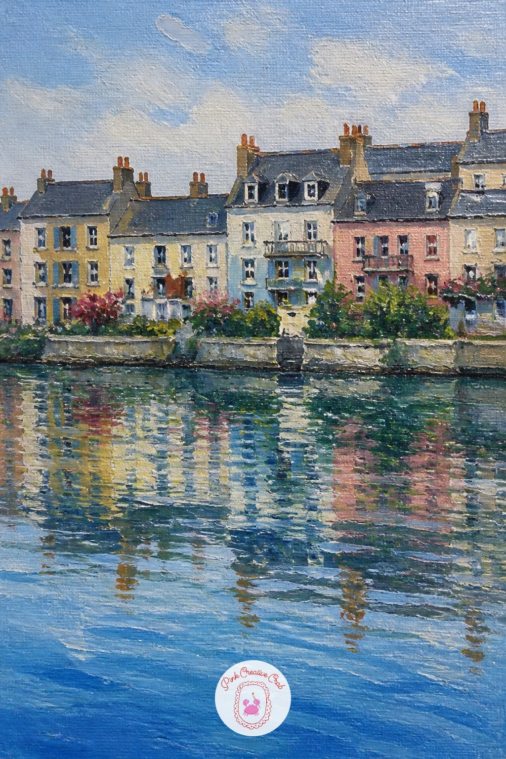Waterfront Houses Reflected in the River — From open fields to a built edge, a waterfront row of houses reflected in a river turns the composition into a study