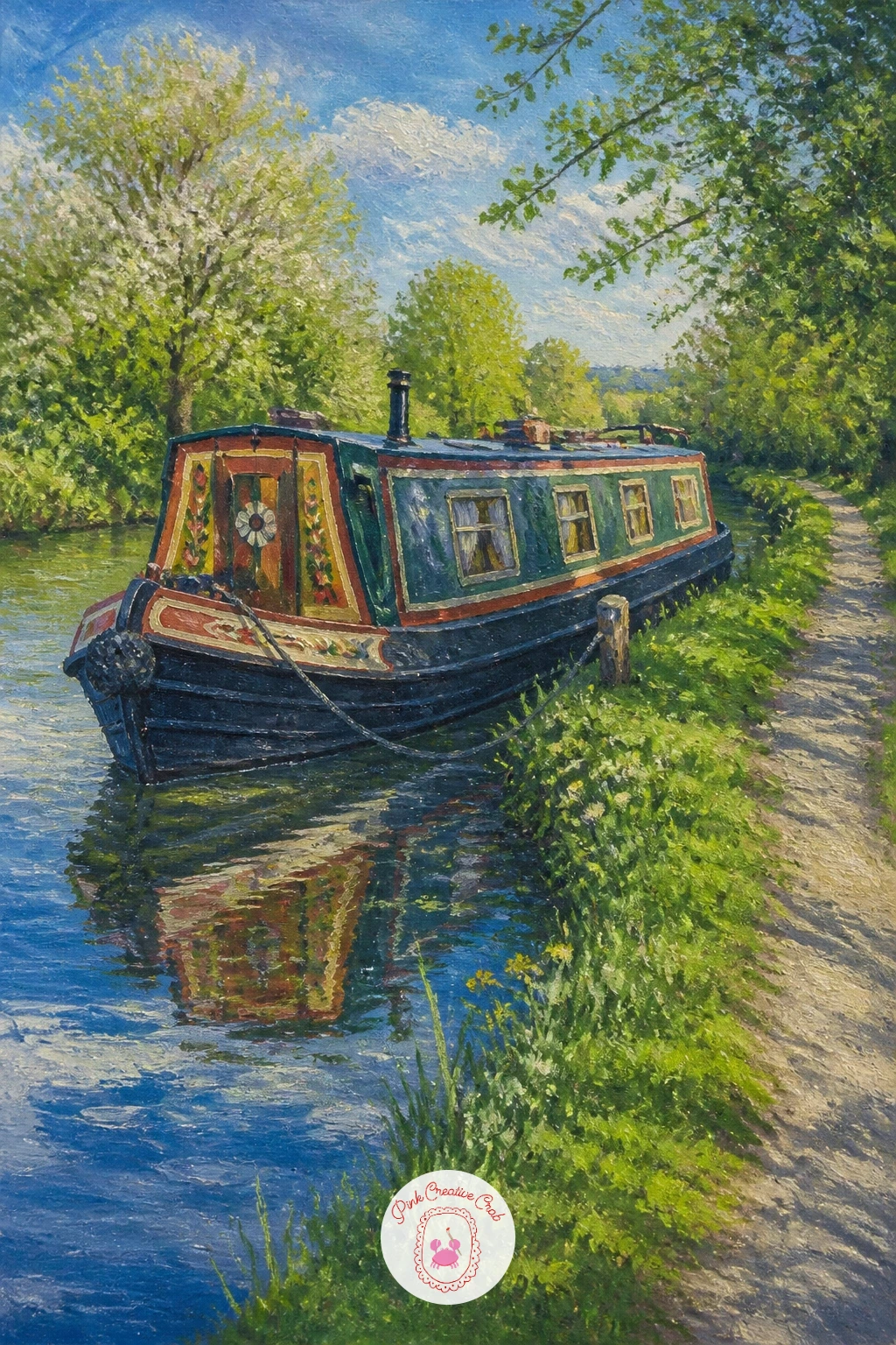 Narrowboat on a Spring Canal — Moving to still water, a narrowboat on a canal in spring is one long low shape that rewards patience with its paintwork. River