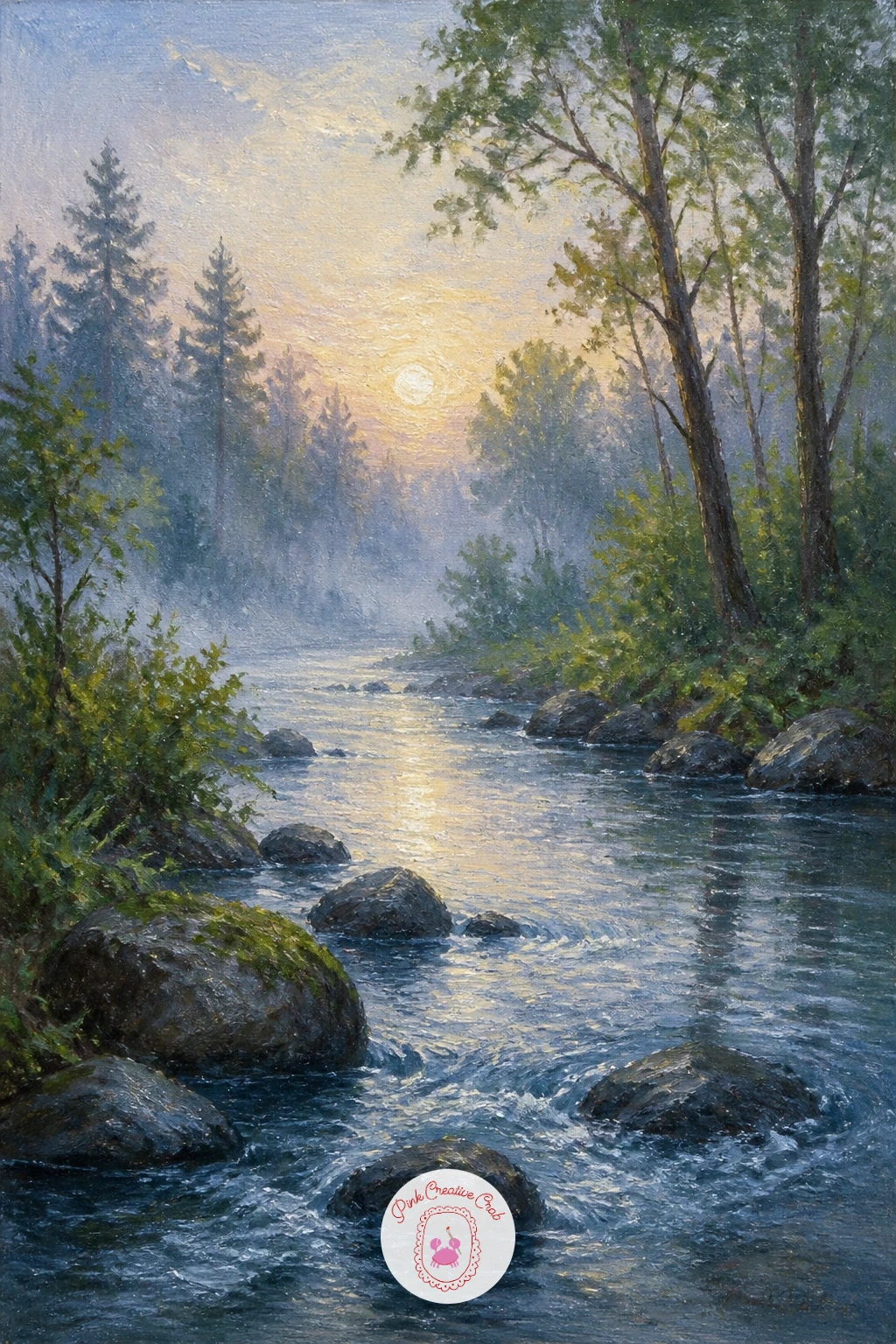 River in a Misty Forest at Dawn — Light changes everything in a river in a misty forest at dawn, so decide where the sun sits before mixing a single colour.