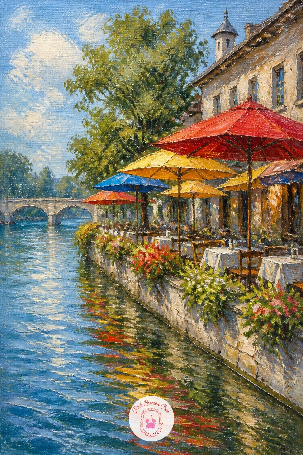 Riverside Cafe With Umbrellas — After the hush of the forest, a riverside cafe with umbrellas brings colour and life back into the composition. River painting