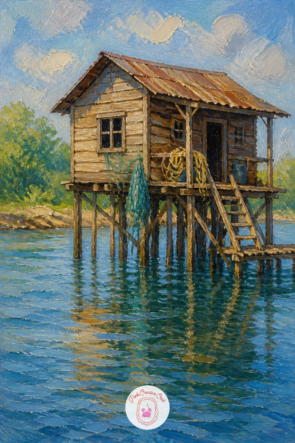 Fisherman's Hut on Stilts — Structure takes over again with a fisherman's hut on stilts over a river, a subject that lives or dies on its stilts standing