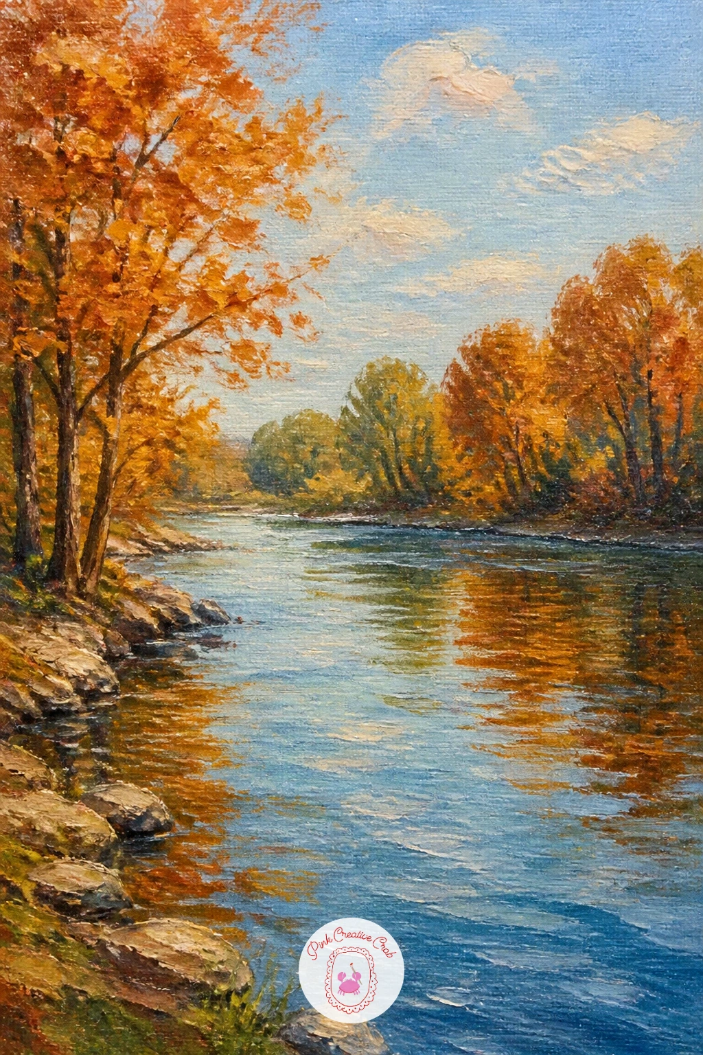 River in Autumn With Orange Trees — Colour takes the lead in a river in autumn with orange trees, a scene that needs only three or four tree colours to feel