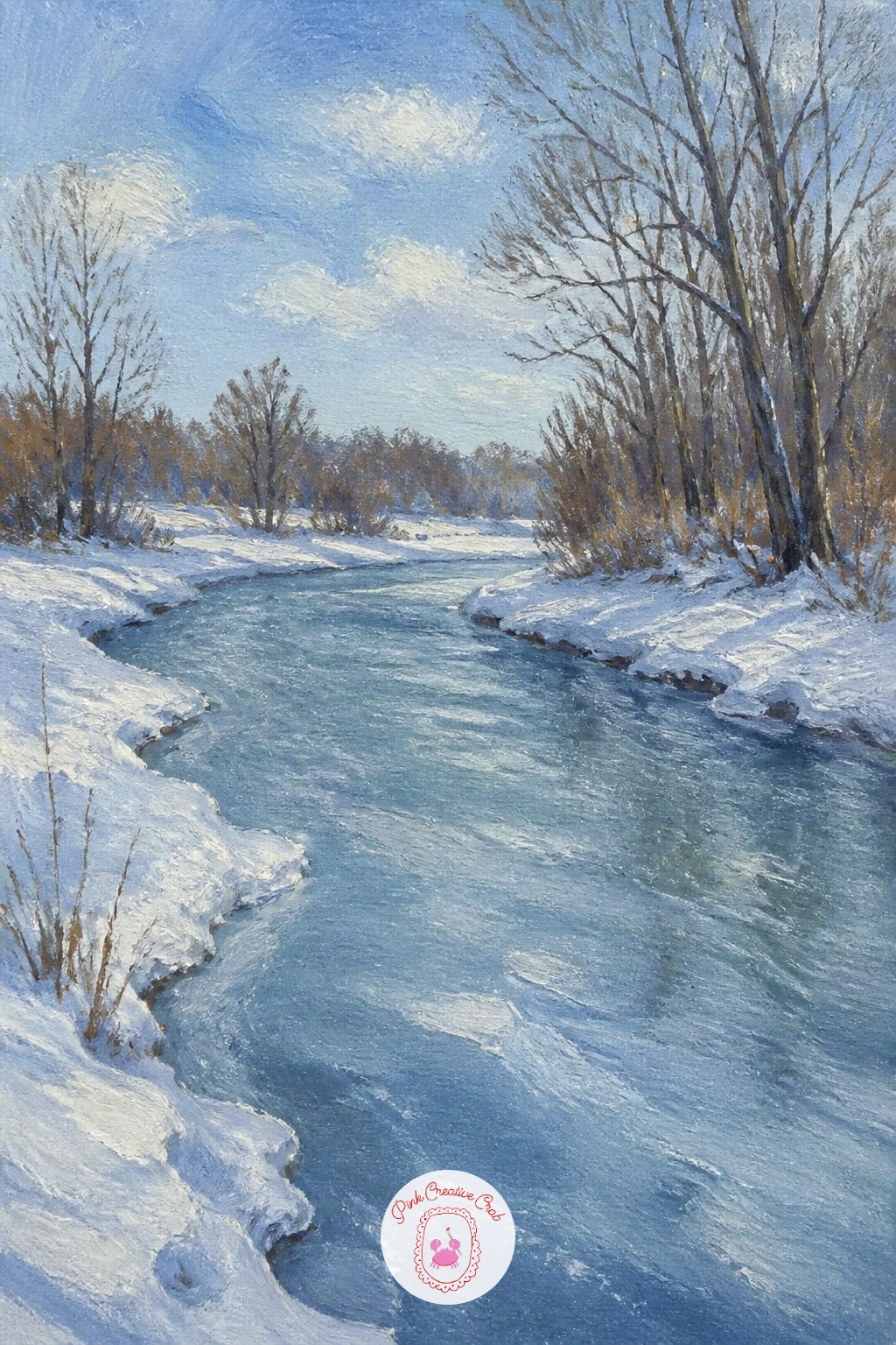 Frozen River With Snow on Its Banks — Temperature drops for a frozen river with snow on its banks, where the challenge is keeping white from looking flat.