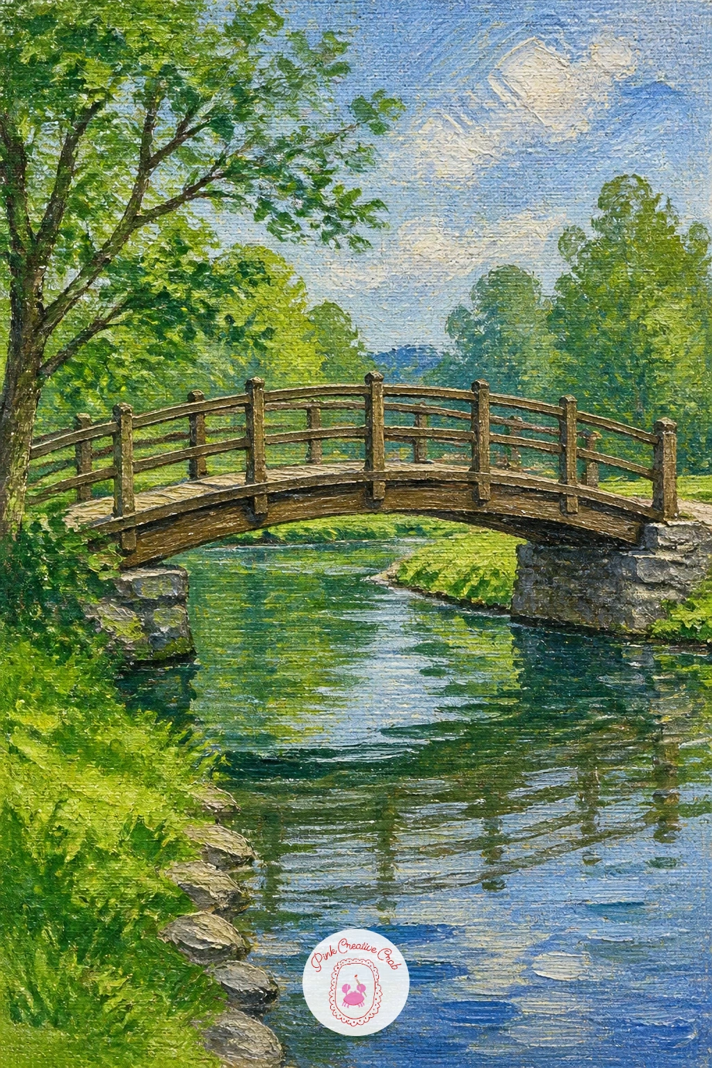 Wooden Footbridge in a Park — Back to a gentler setting, a wooden footbridge in a park sits low and friendly across calm water. River painting
