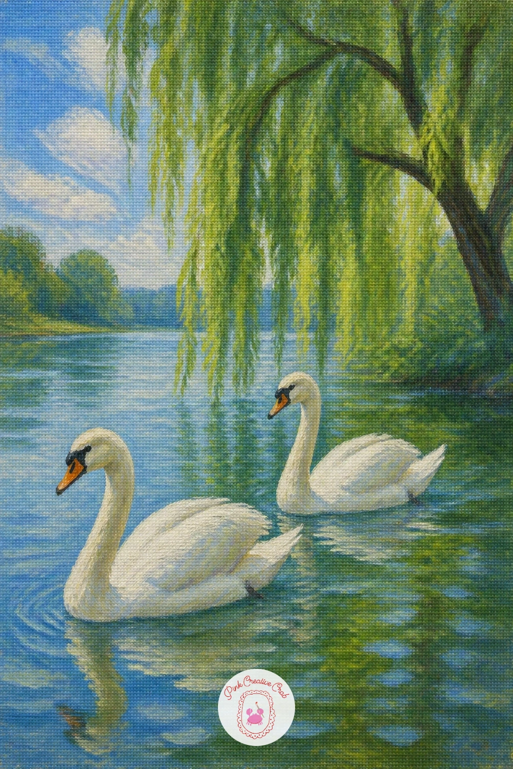 Swans Gliding Under a Willow — Softness returns with swans gliding under a willow on a river, a pairing that works because the willow's hanging branches frame