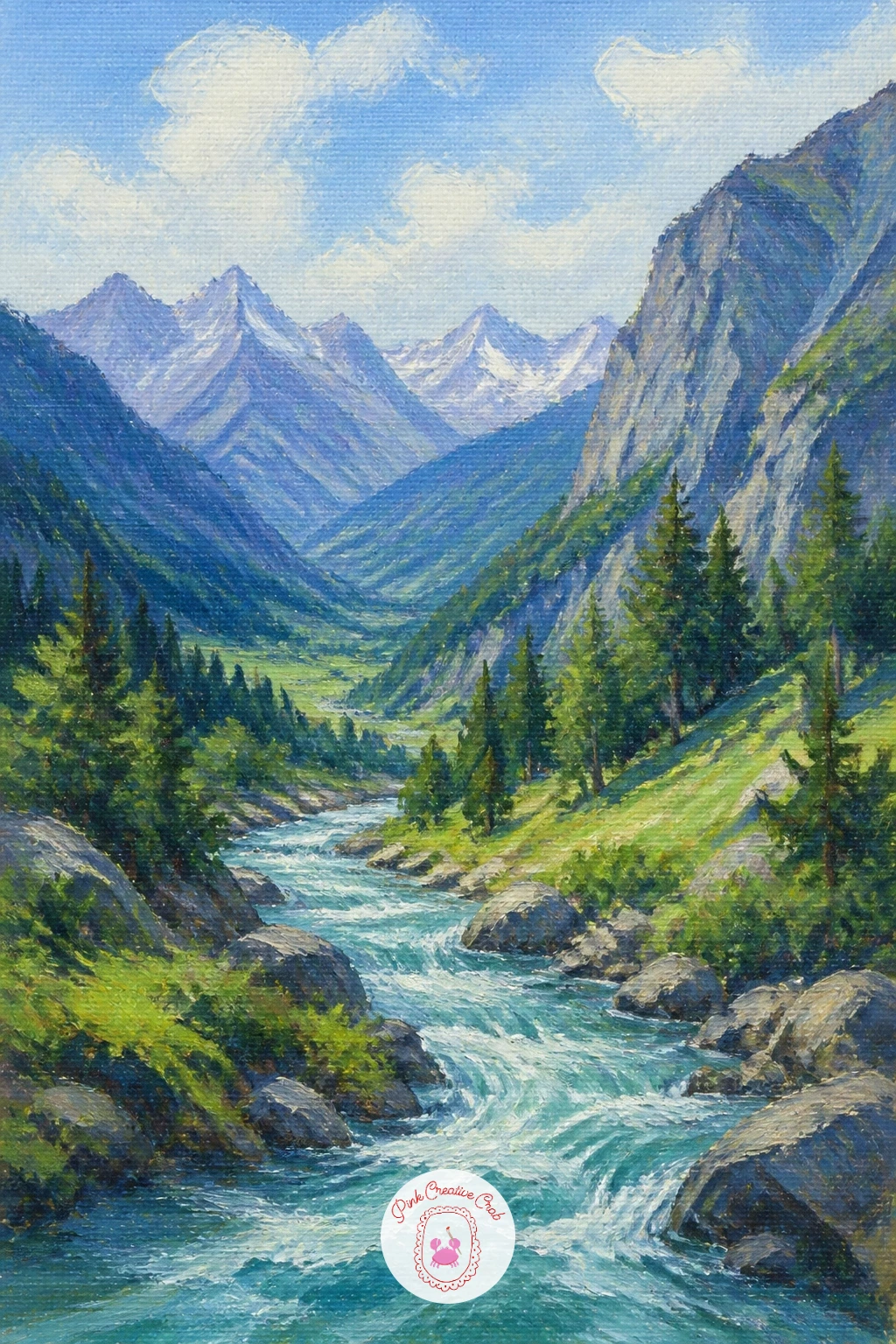 River Through a Mountain Valley — Scale opens right up for a river through a mountain valley, where the river becomes the smallest, brightest element in a much