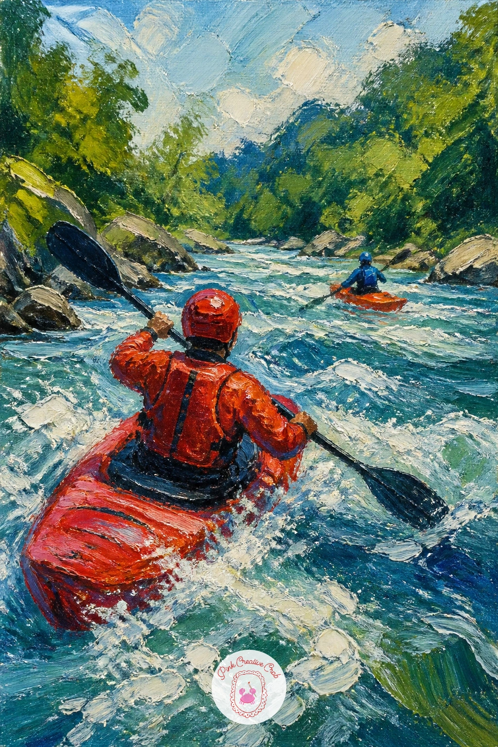 Kayakers on a Bright River — Movement enters the list properly with kayakers paddling down a bright river, where the small boats and splashes are the whole