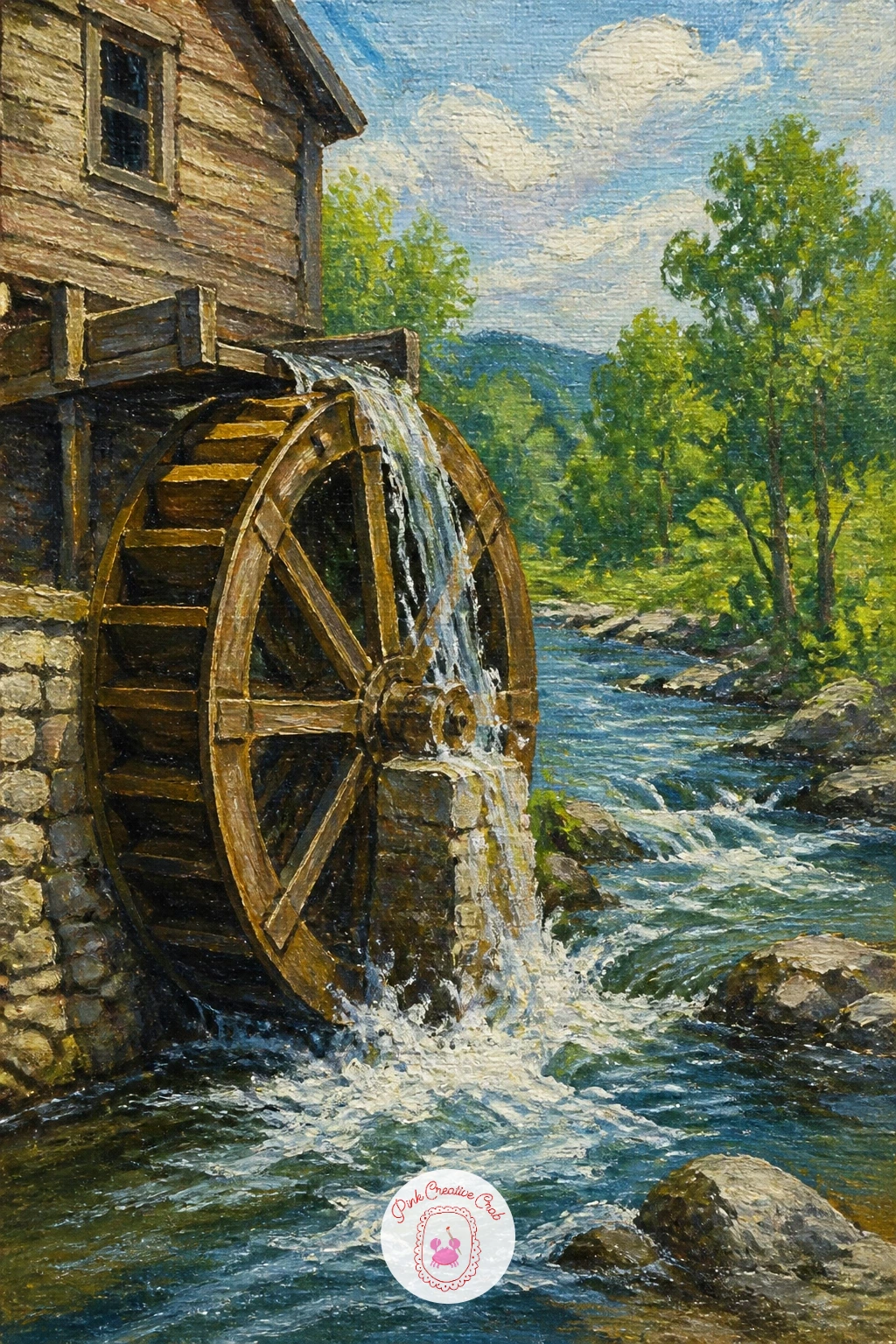 Mill Wheel Turning by a River — Mechanics bring a different kind of focal point in a mill wheel turning by a river, where the wheel's circle has to read as