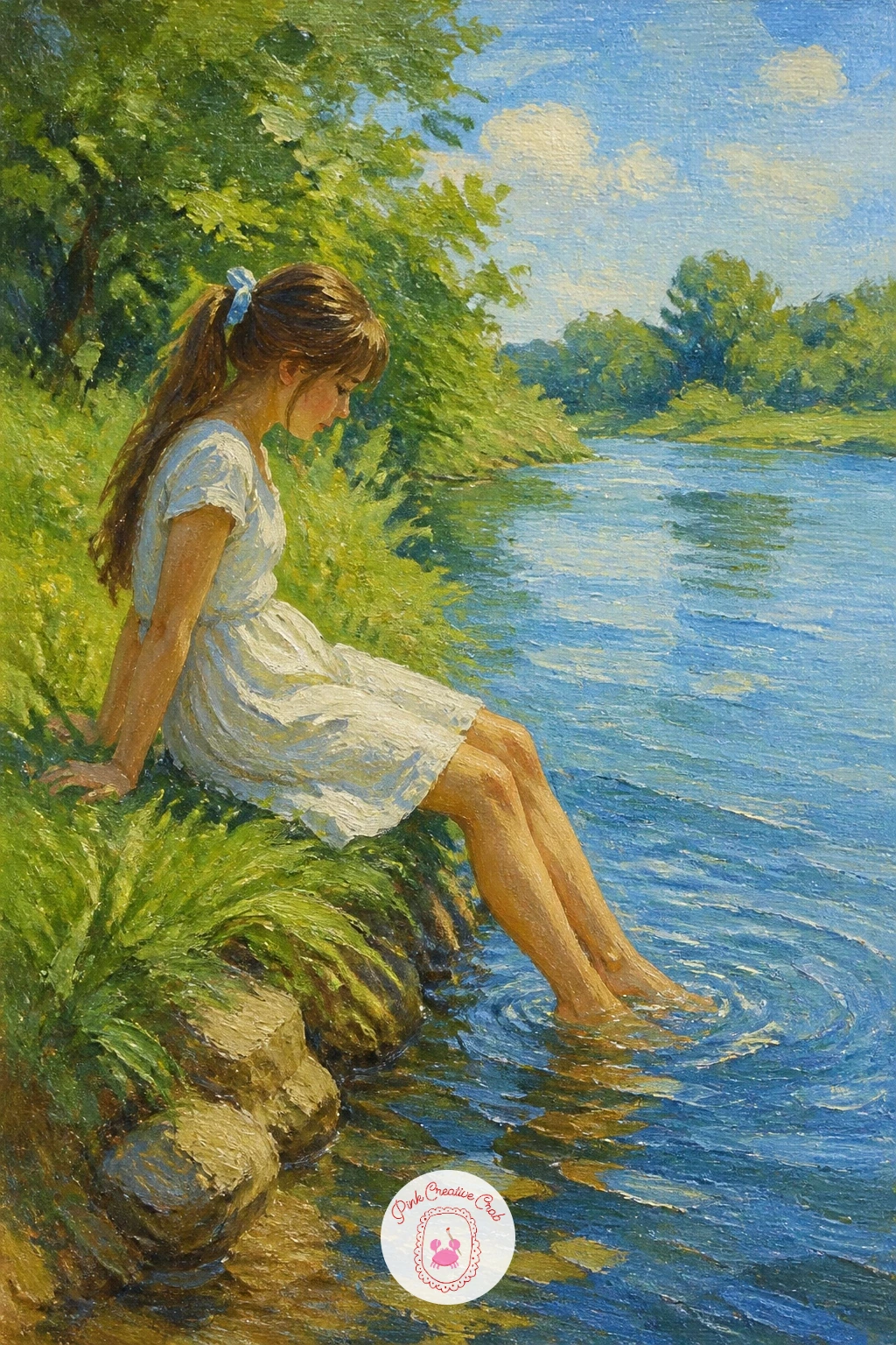 Girl Dipping Her Feet From the Bank — A quieter human moment follows in a girl dipping her feet from a river bank, which only needs a simple seated shape to