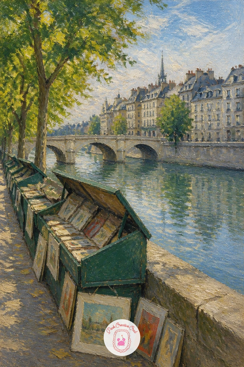 Paris River With Book Stalls on the Quay — City detail steps forward in a Paris river with book stalls on the quay, where a row of green stall boxes along the