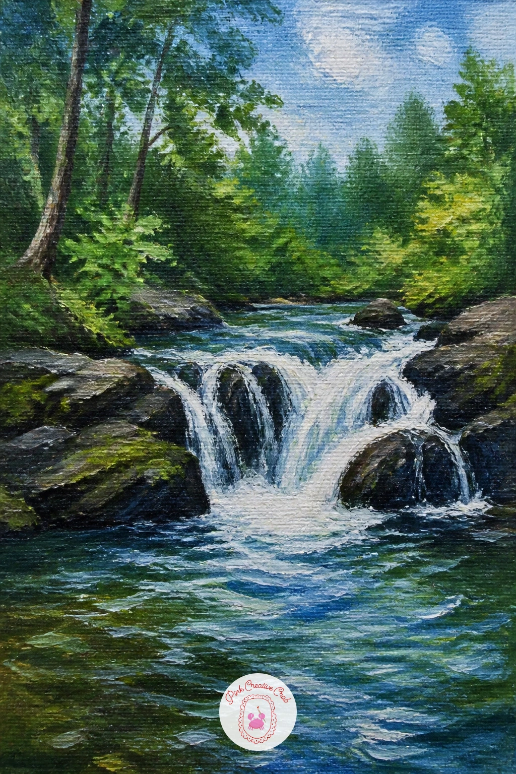 Small Waterfall on a Forest River — Energy picks up with a small waterfall on a forest river, a subject that leans heavily on layered white strokes rather than