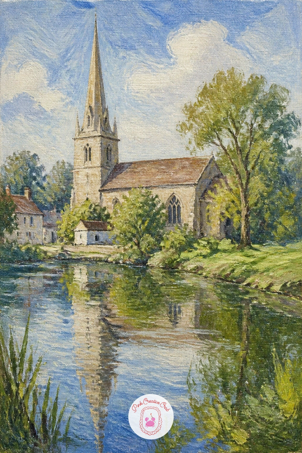 Village Church Beside a River — Structure returns to ground level with a village church beside a river, where a tall spire gives the whole canvas a strong