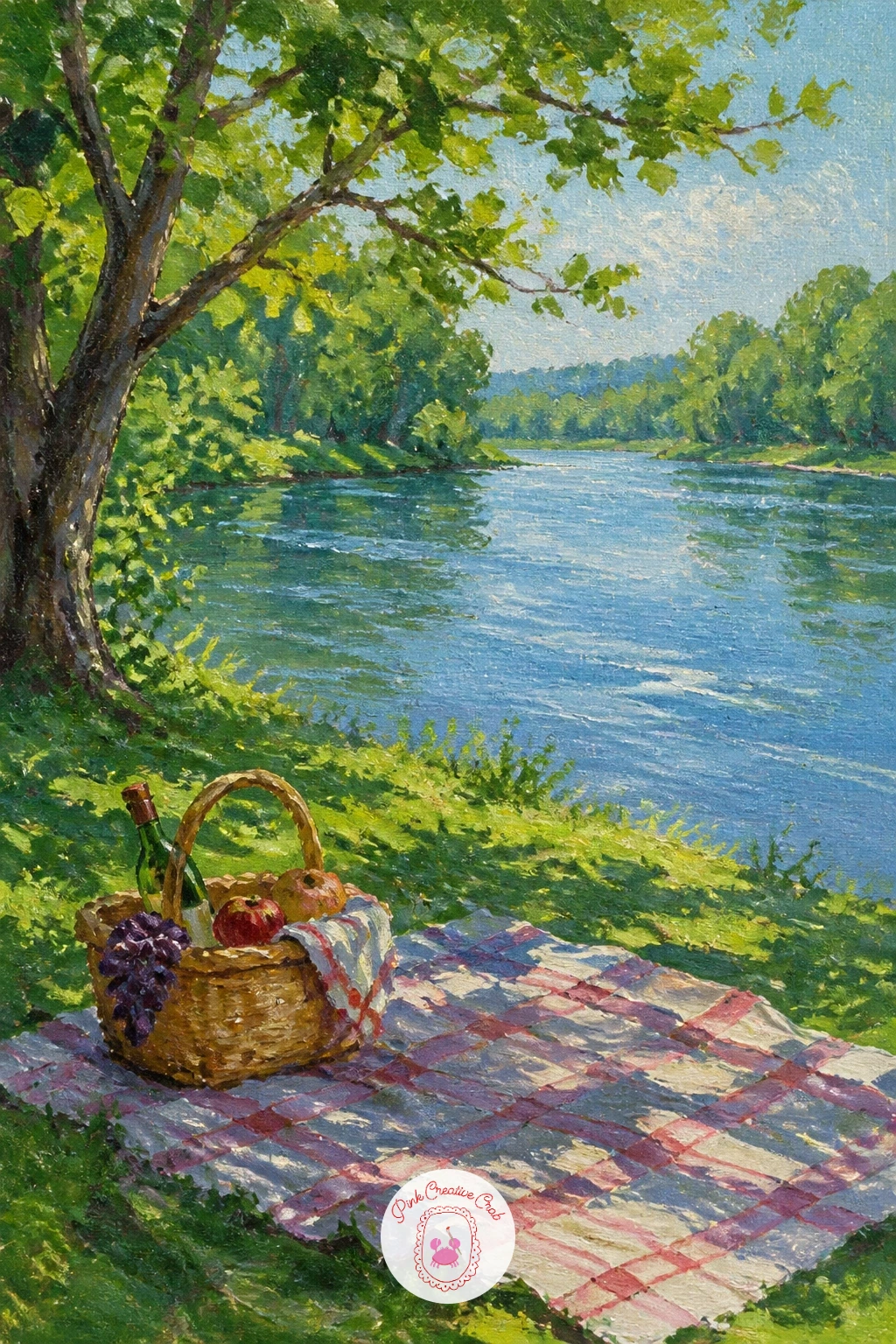 Picnic on a Grassy River Bank — Something more relaxed follows in a picnic on a grassy river bank, where a simple blanket and a few small objects carry all the