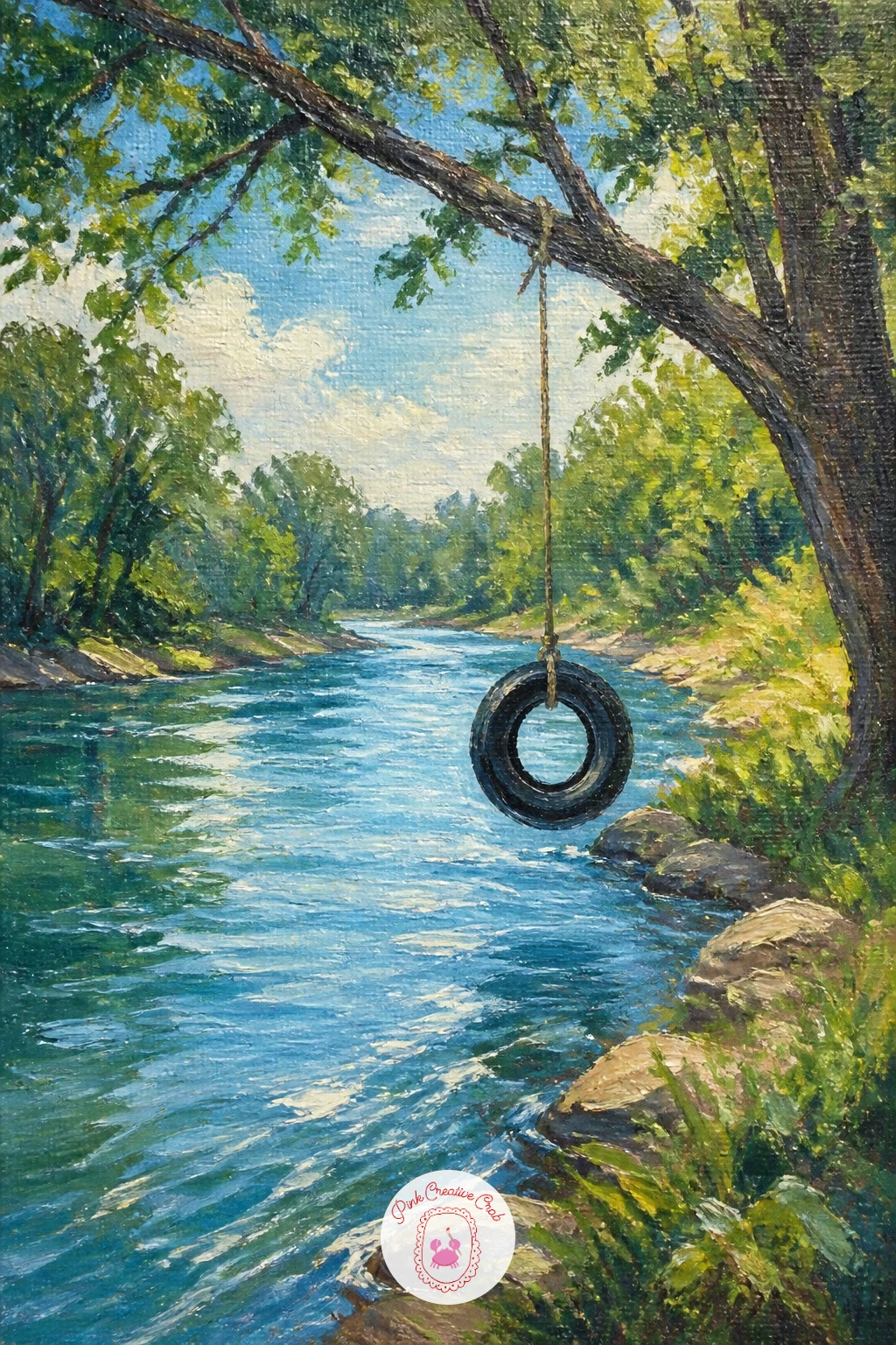 Lazy River With a Tire Swing — Nostalgia carries a lazy river with a tire swing, a subject that depends on one confident rope line more than anything else.