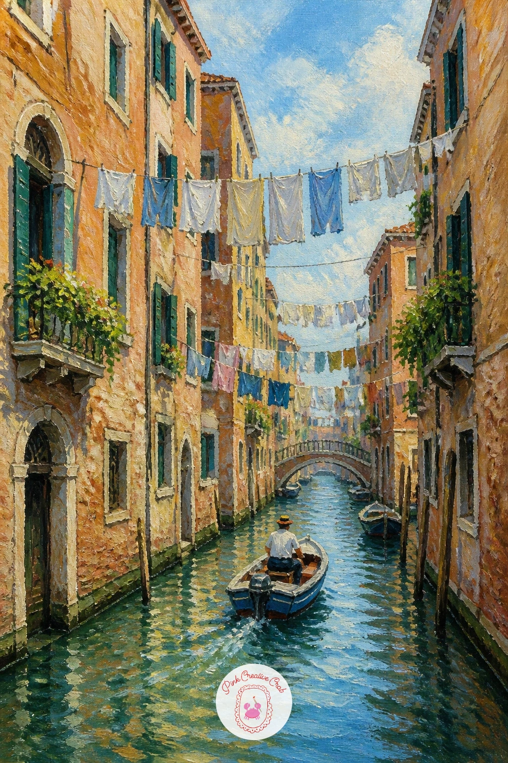 Venice-Like Canal With Laundry Lines — City charm returns in a river in Venice-like canals with laundry lines, where narrow buildings pressed close together