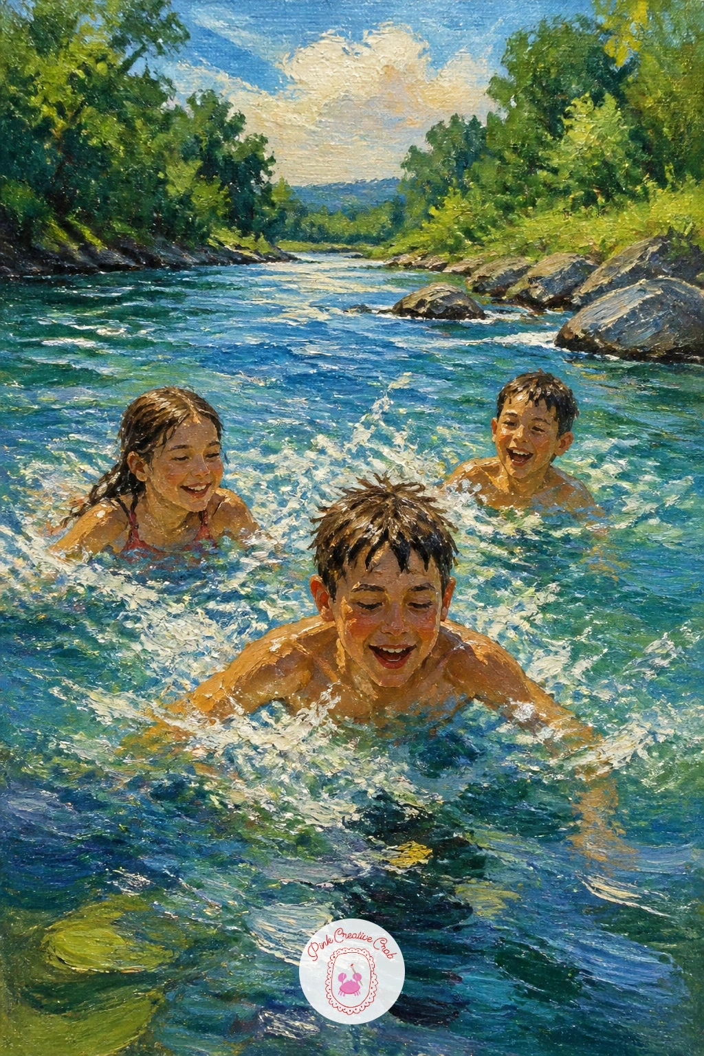 Summer River With Children Swimming — Energy and warmth meet in a summer river with children swimming, where a few simple figures bring the whole scene to