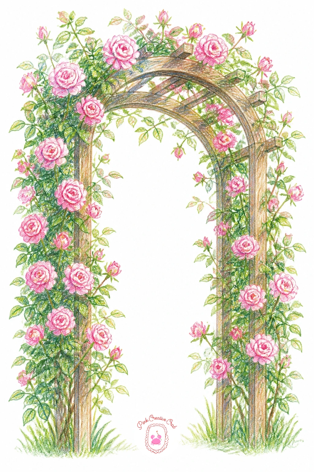 Climbing Roses Over a Garden Arch — Climbing roses over a garden arch ask you to think about proportion before you touch color. Vines drawing