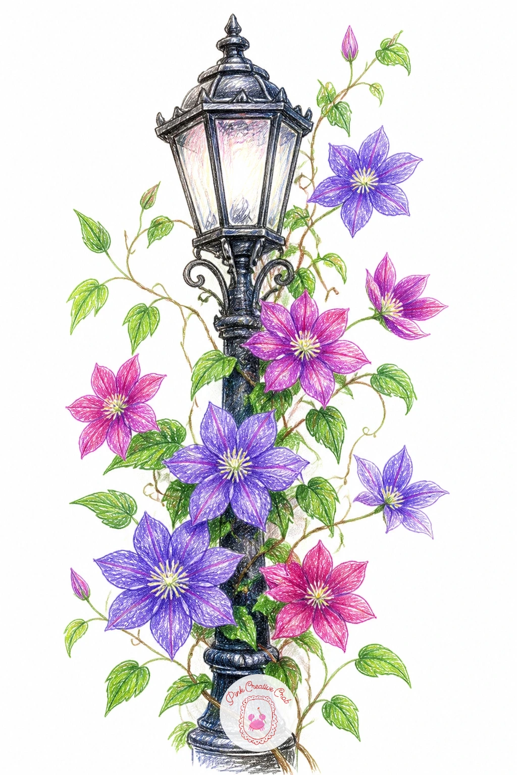 Clematis Around a Lamppost — Clematis around a lamppost follows naturally from the sweet pea teepee, another narrow upright for a vine to spiral around. Vines