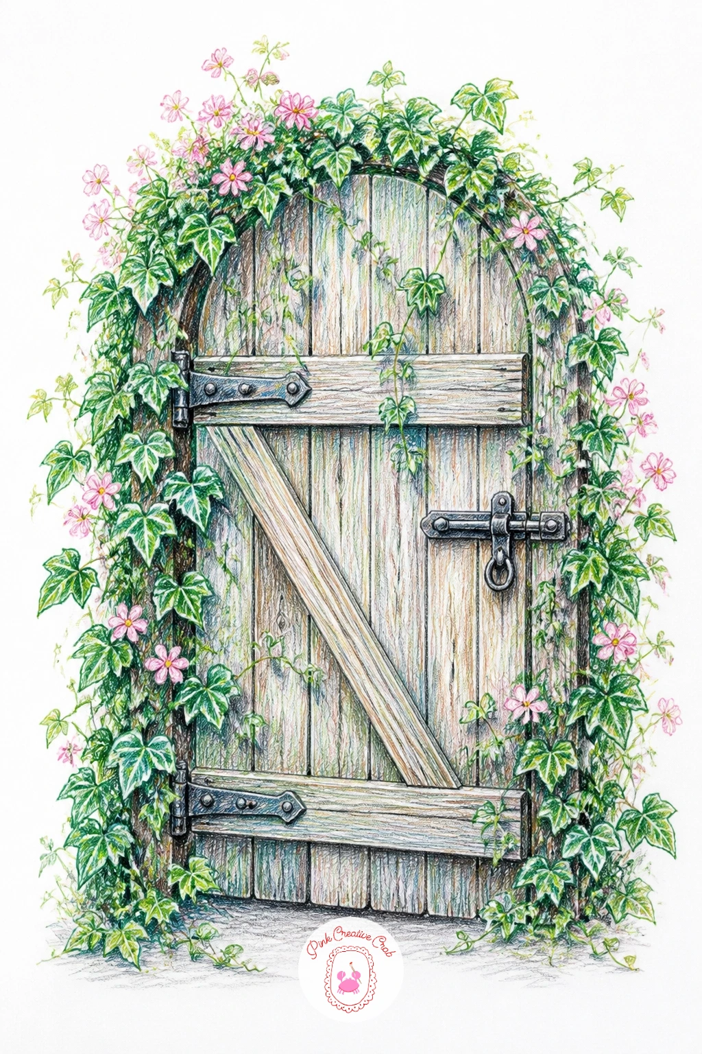 A Vine-Covered Garden Gate — A vine-covered garden gate lets you combine wood, metal and foliage in one small scene. Vines drawing
