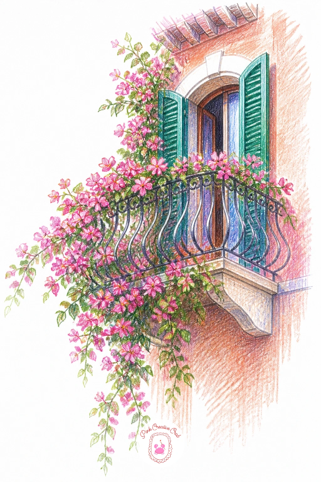 A Vine-Covered Balcony in Italy — A vine-covered balcony in Italy brings in architecture again, this time with ironwork and a strong eye level to settle first.