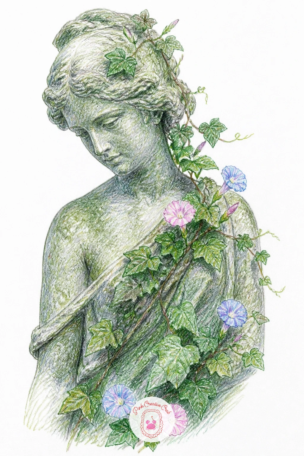 A Vine Growing Over a Garden Statue — A vine growing over a garden statue is a nice test of proportion between two very different forms, stone figure and soft