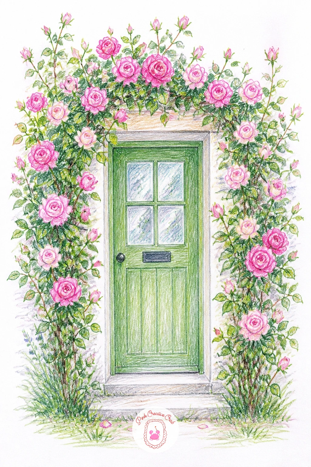 A Rose-Covered Cottage Doorway — A rose-covered cottage doorway brings the climbing rose back for a cozier, more enclosed scene than the garden arch earlier.