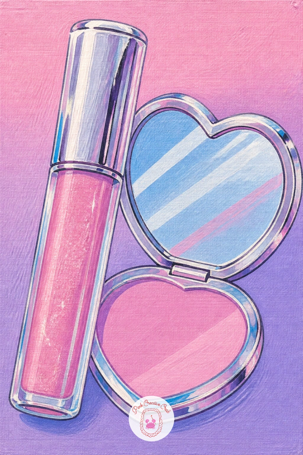Lip Gloss Tube And Compact Mirror — Move from electronics to a tiny beauty still life with a lip gloss tube resting beside an open compact mirror. Y2k painting