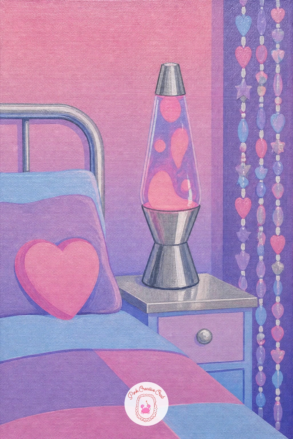 Bedroom With Lava Lamp And Beaded Curtains — Scale up to a small room scene with a lava lamp glowing beside a doorway hung with beaded curtains. Y2k painting