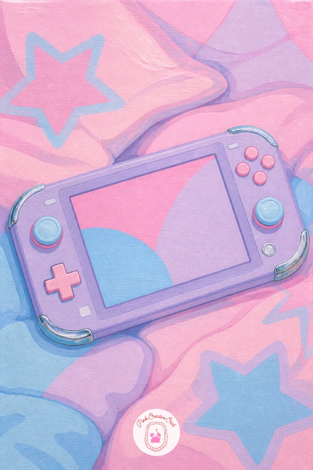 Pastel Gaming Handheld On A Bedspread — A pastel gaming handheld resting on a bedspread lets you practice painting one object sitting in soft folds of fabric.