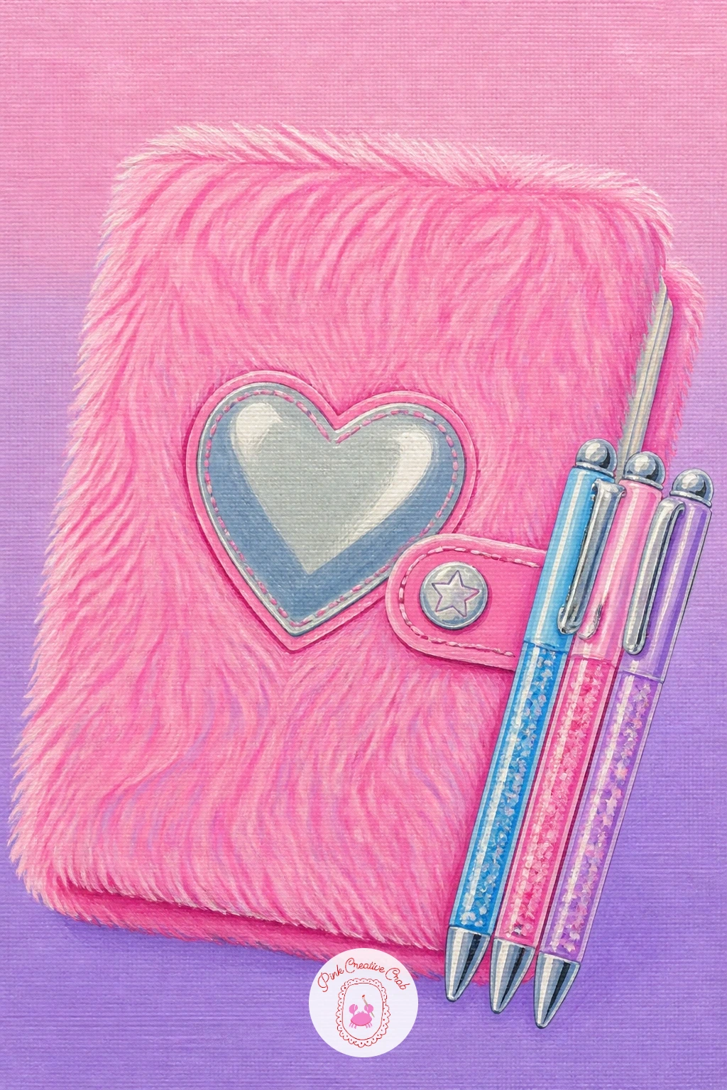 Fuzzy Pink Notebook With Gel Pens — A fuzzy pink notebook with a scatter of gel pens beside it builds nicely on the flat shapes you've already practiced. Y2k