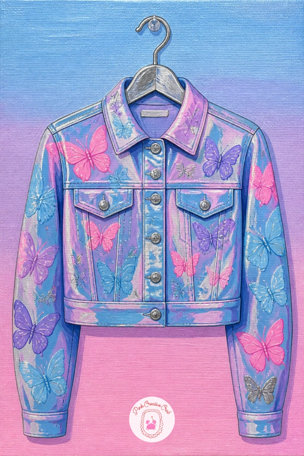 Butterfly-Covered Denim Jacket On A Hanger — A butterfly-covered denim jacket on a hanger gives you a bigger flat shape to fill with pattern. Y2k painting ideas