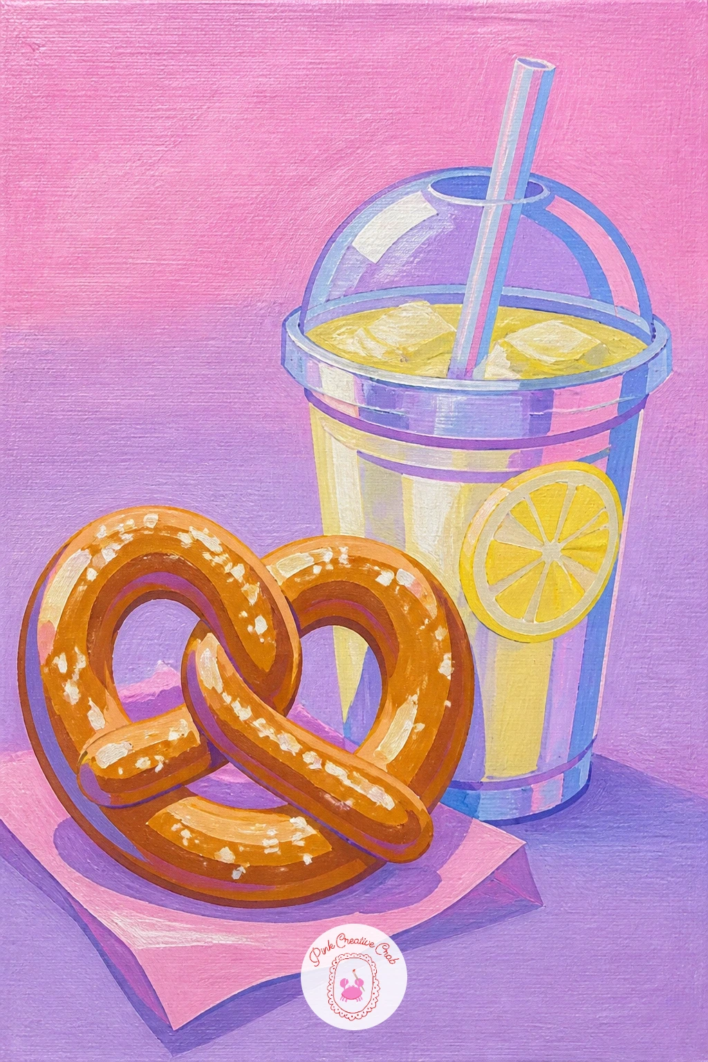 Mall Food Court Pretzel And Lemonade — A mall food court moment with a soft pretzel and a cup of lemonade is a cheerful little food still life. Y2k painting