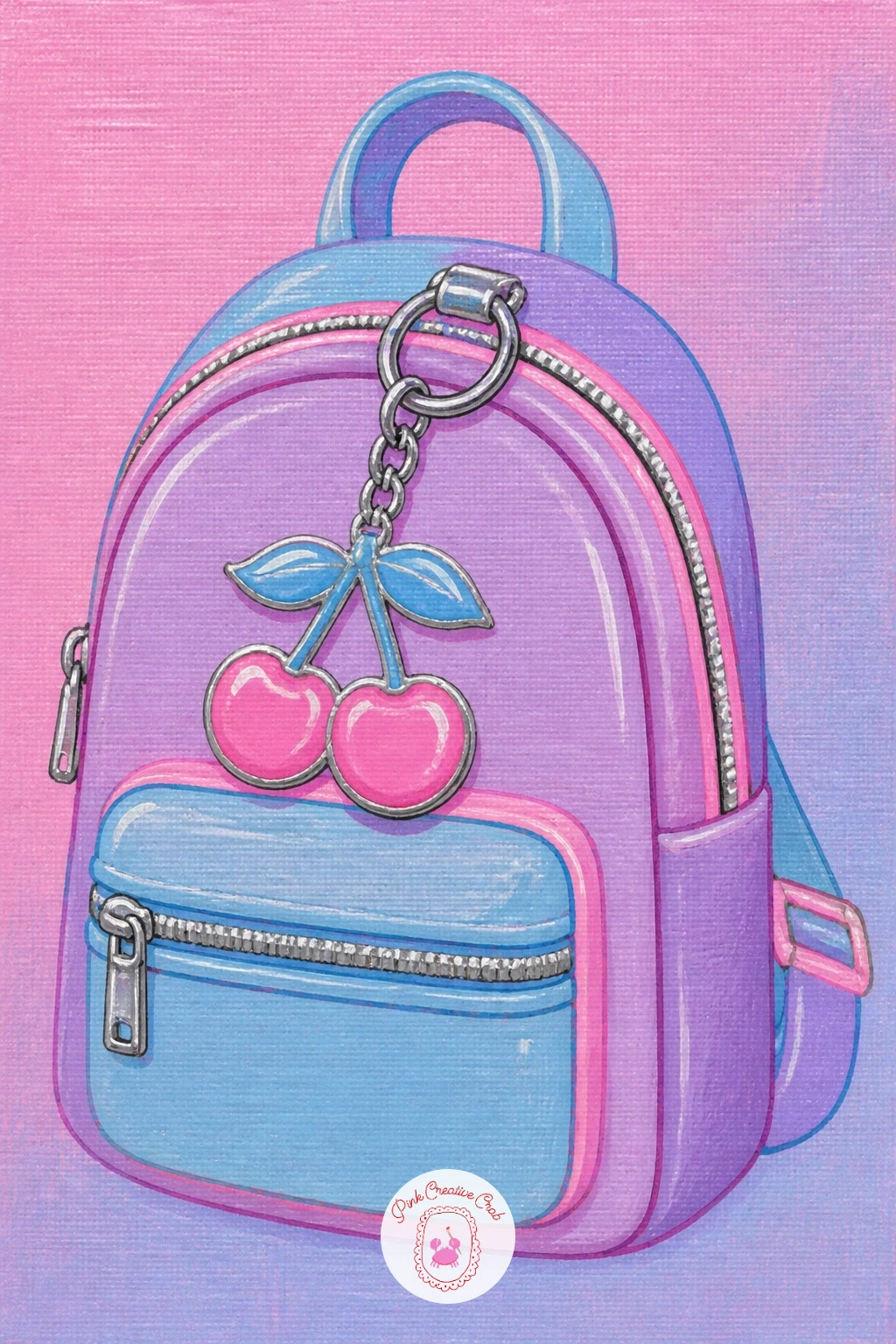 Cherry Keychain On A Mini Backpack — A cherry keychain clipped to a mini backpack is a small, playful subject that builds on the round shapes you've painted
