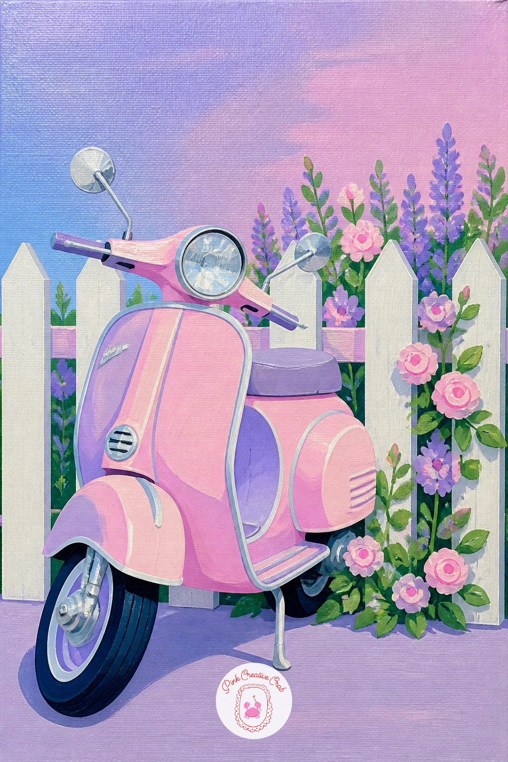 Pastel Scooter Leaning On A Garden Fence — A pastel scooter leaning against a garden fence moves the list outdoors for a small change of scene. Y2k painting