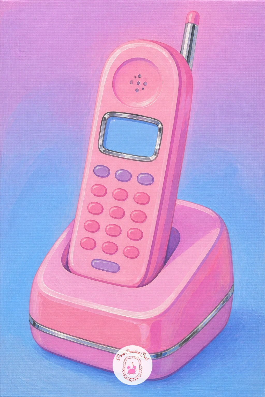 Pink Cordless Phone On A Nightstand — A pink cordless phone resting on a small nightstand is a calm, simple subject after the busier candy bowl. Y2k painting
